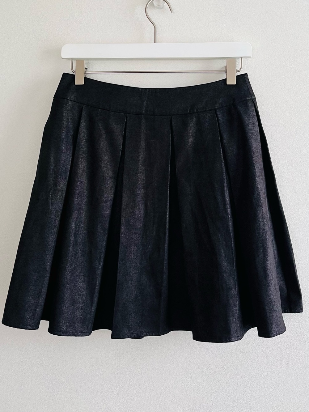 RED Saks Fifth Avenue Pleated Black Leather- Look Mini Skirt